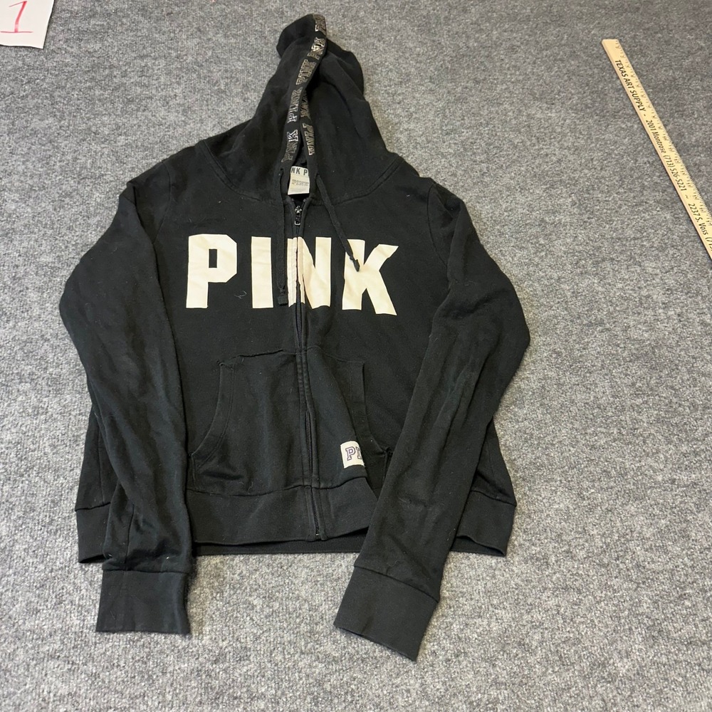 PINK Hoodie Womens Size Large Black Full Zip Graphic Logo Drawstring Casual
